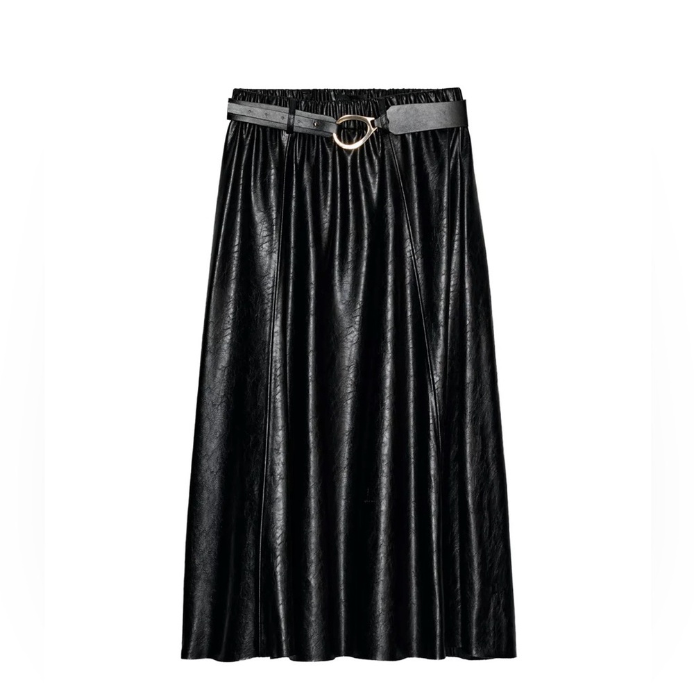 Zara Brand New Size XL
Faux Leather Black Midi Skirt with Belt